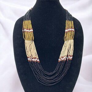 Multi Strand Seed Bead Necklace Earth Tones Gold Ivory Rust Slate 29"L + 1"